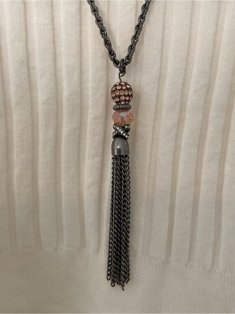 Gunmetal Tassel Necklace with Peach Crystal Beads